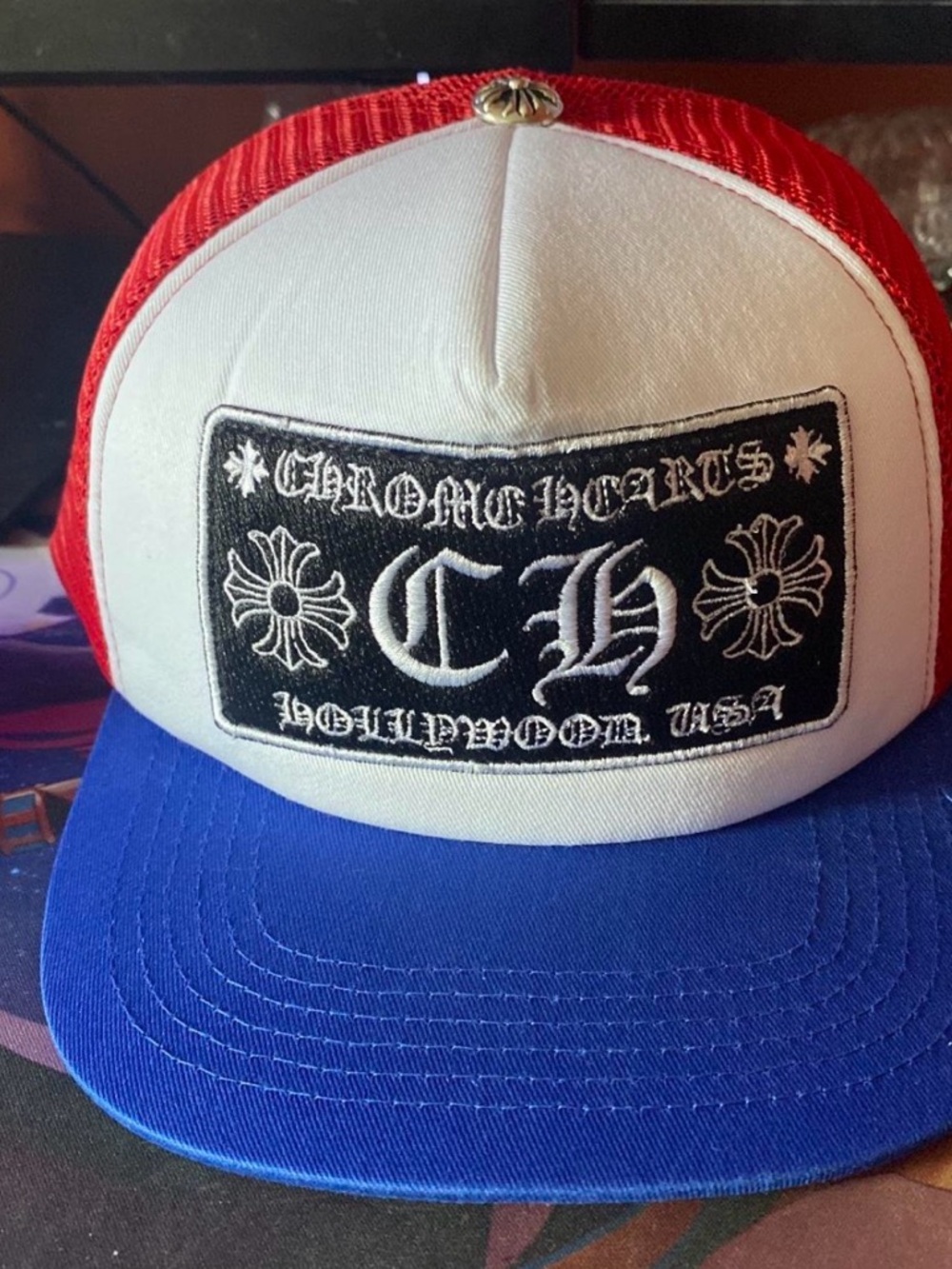 Chrome Hearts Red White Blue Trucker Hat with Black Patch